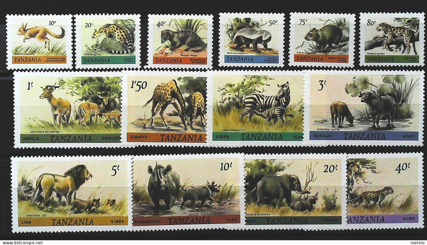 1980-Tanzania (MNH=**) Serie 14 Valori Animali Della Savana Leone Rinoceronte El - Tanzania