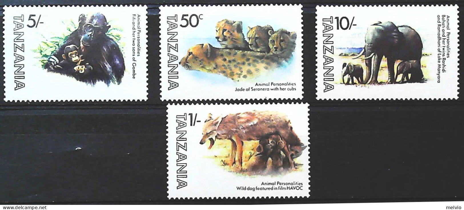 1982-Tanzania (MNH=**) Serie 4 Valori Elefante Leopardi Scimpanzé Cane Selvatico - Tanzanie