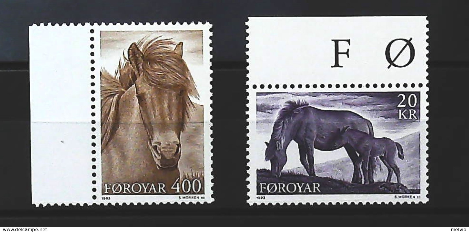 1993-Faeroer (MNH=**) Serie 2 Valori Cavalli - Faroe Islands