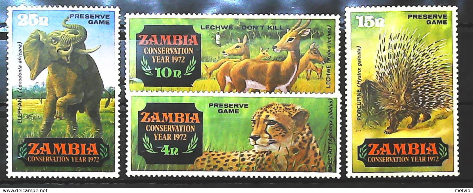 1972-Zambia (MNH=**) Serie 4 Valori Elefante Antilope Leopardo Istrice - Zambie (1965-...)