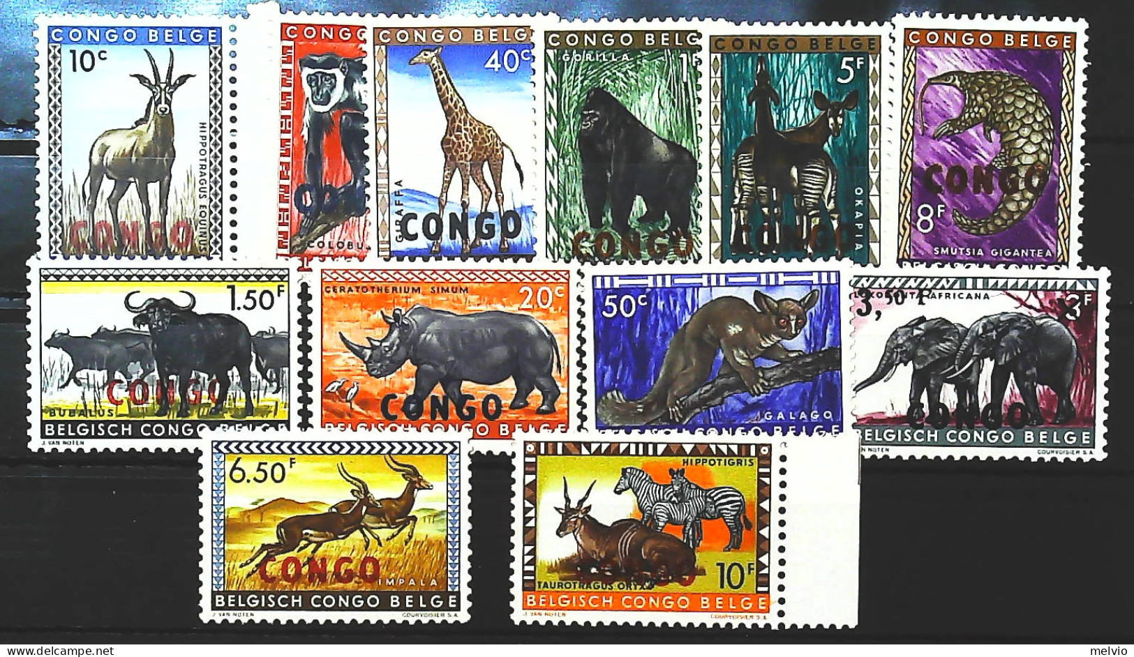 1960-Congo (MNH=**) Serie 12 Valori Antilope Giraffa Gorilla Bufalo Leopardo Ele - Mint/hinged