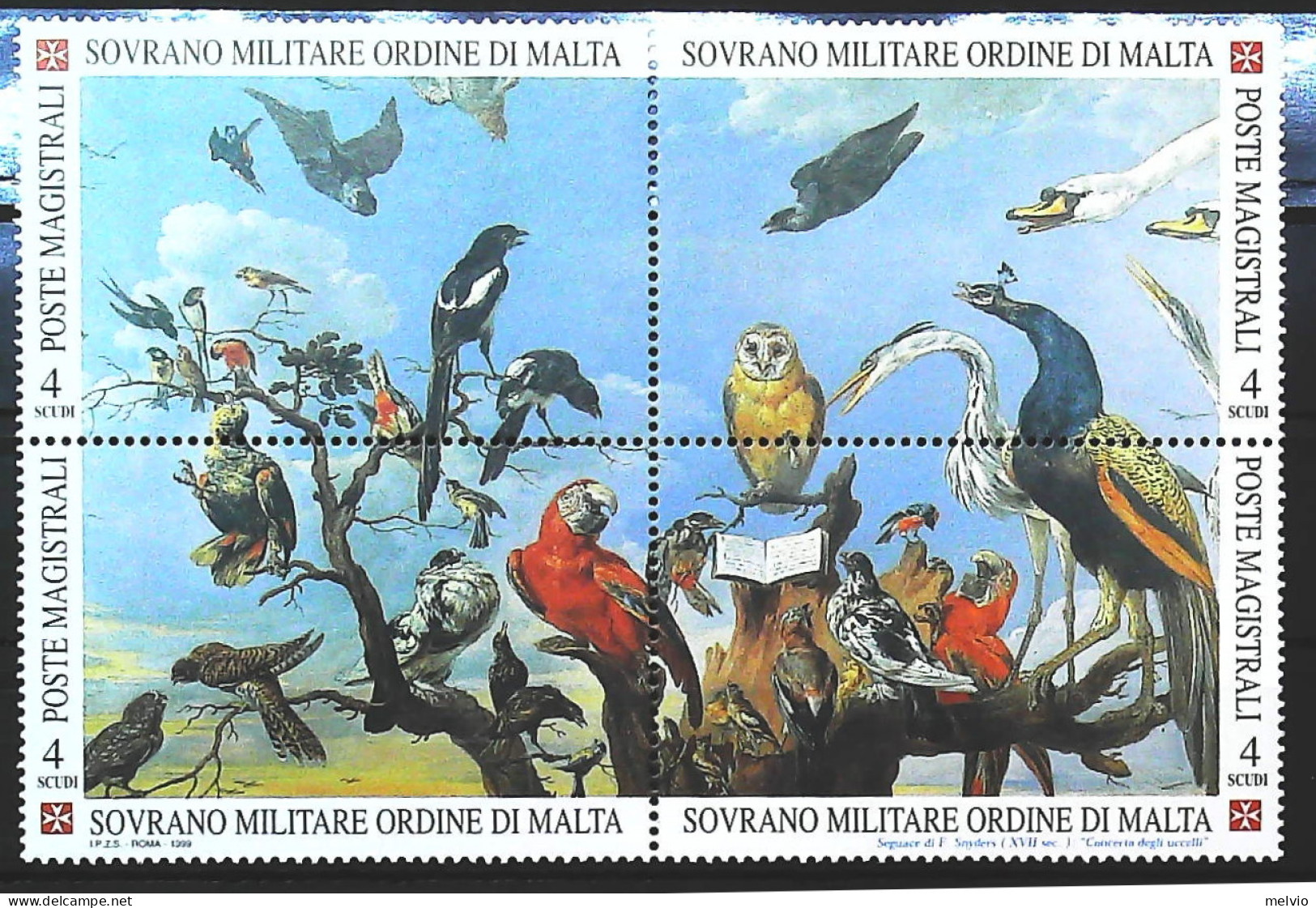 1999-S.M.O.M. (MNH=**) Blocco 4 Valori Uccelli Pappagalli Barbagianni Pavone - Malta (Orde Van)