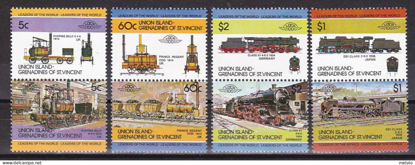 1984-Union Island St.Vincent (MNH=**) S.8v."Locomotive" - St.Vincent (1979-...)