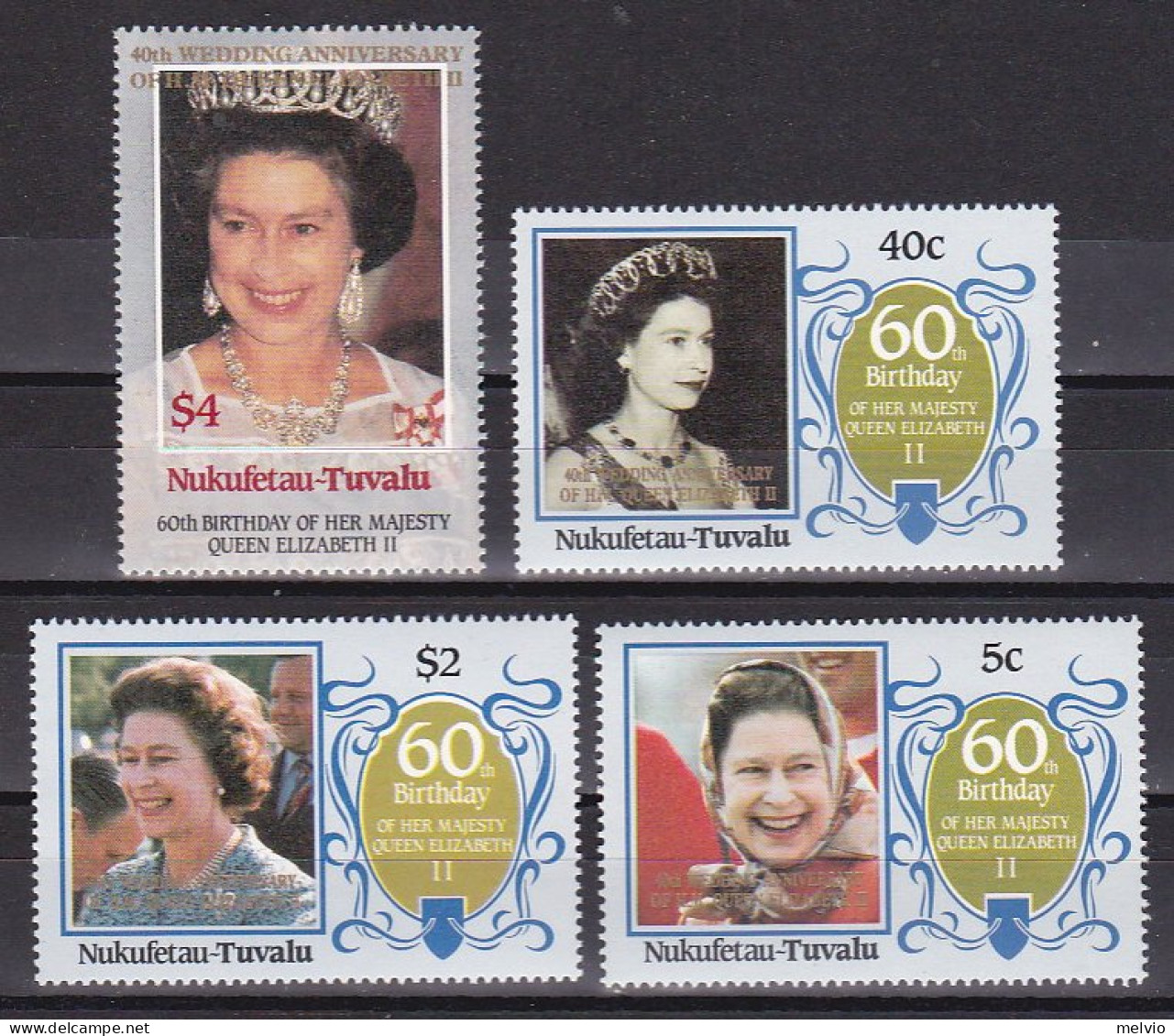 1986-Funafuti Tuvalu (MNH=**) S.4v."60° Compleanno Della Regina Elisabetta II" - Tuvalu