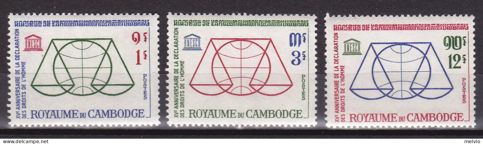 1963-Cambogia (MNH=**) S.3v."Unesco XV Anniversario Della Dichiarazione Dei Diri - Cambodja