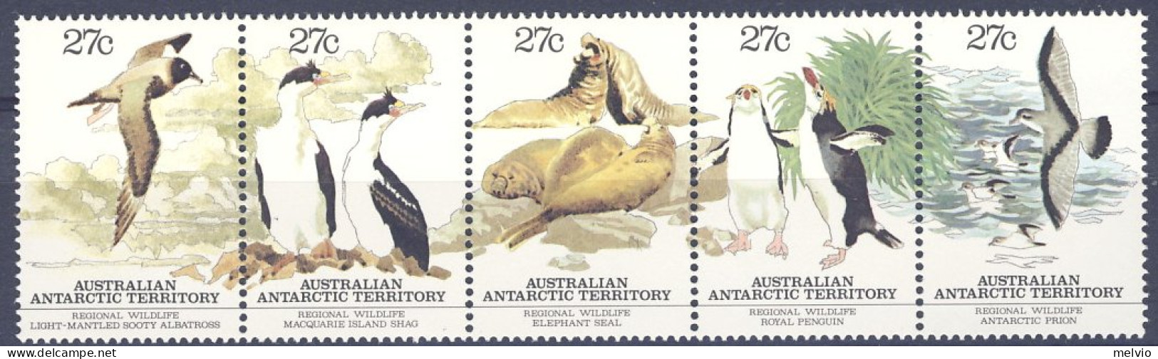 1983-Antartico Australiano (MNH=**) Striscia S.5v."Fauna Regionale" - Unused Stamps