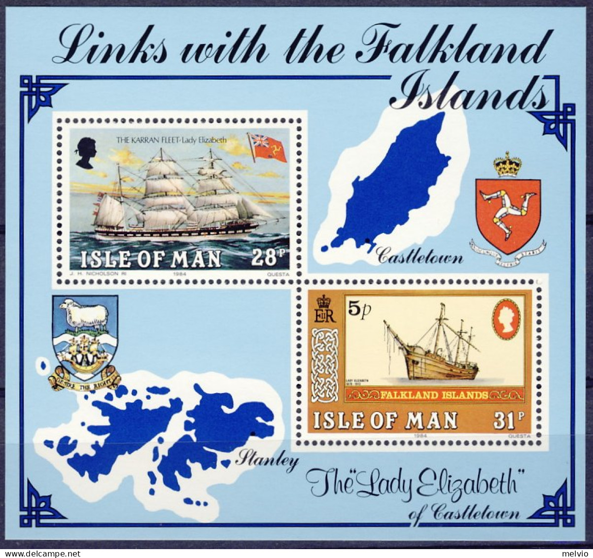 1984-Isola Di Man (MNH=**) Foglietto S.2v."Legami Con Le Isole Falkland" - Isle Of Man