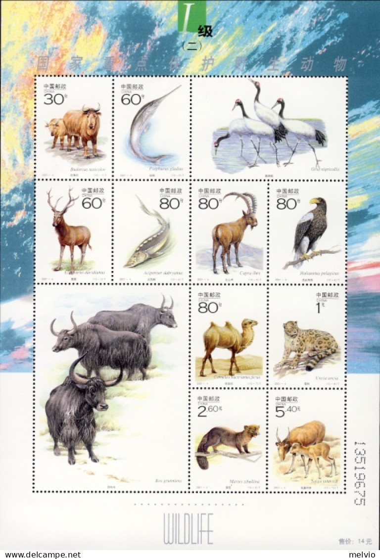 2001-Cina (MNH=**) Foglietto 10 Valori "Wild Animals" - Unused Stamps