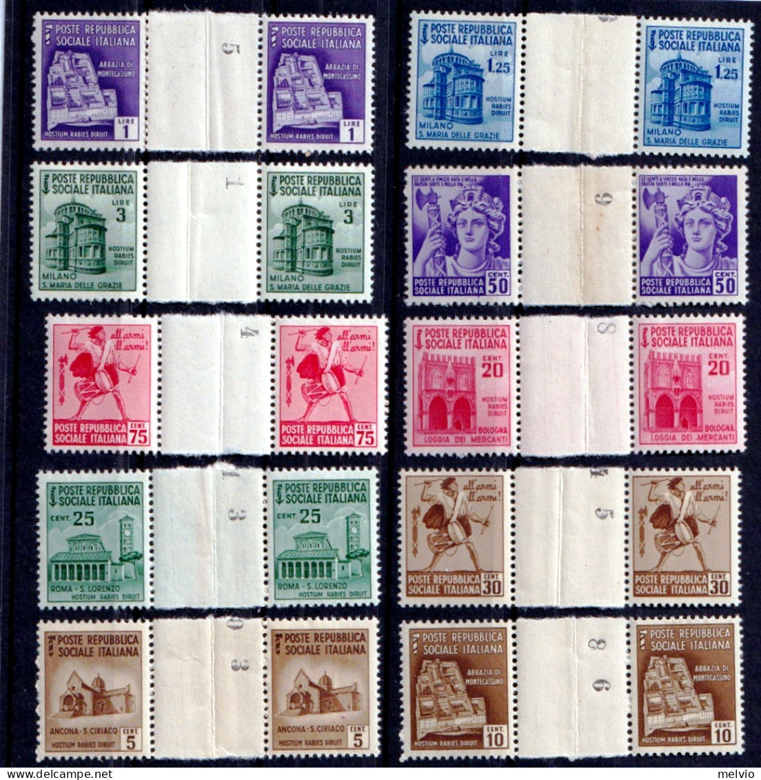 1944-Italia (MNH=**)s.10 Valori Monumenti Distrutti Con Interspazio Di Gruppo - Mint/hinged