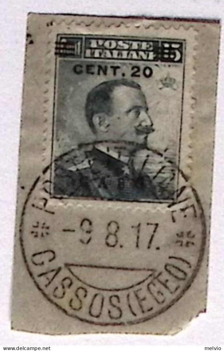 1917-POSTE ITALIANE/CASSOS (Egeo) C.2 (9.8) Su Frammento Affrancato Effigie C.20 - Egée (Caso)