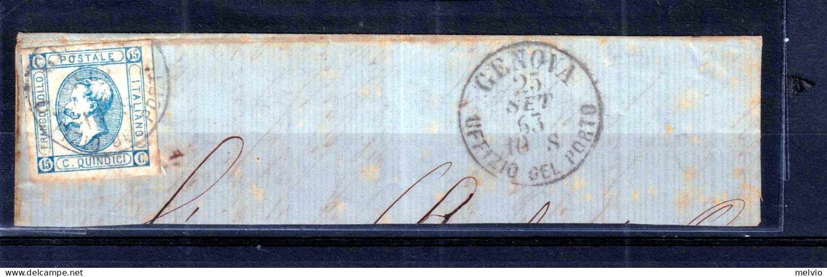 1863 (F=on Piece) GENOVA/UFFIZIO DEL PORTO C.2 (25.9) Su Largo Frammento Affranc - Afgestempeld