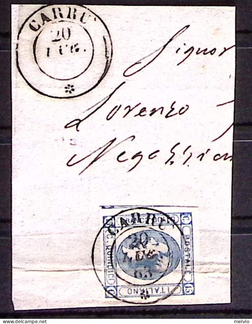 1863-CARRU' C.2 Con Rosetta (20.7) Su Frammento Affrancato Litografato C.15 - Marcophilia