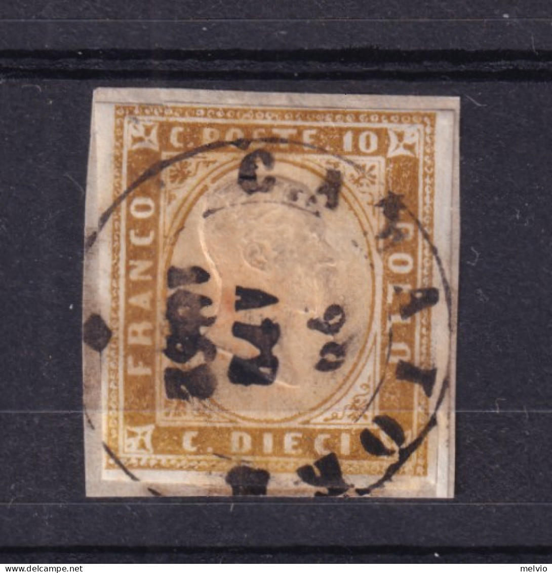 1862-Sardegna 10c.bistro Arancio Su Frammento (Sassone 14Df )un Margine A Filo - Sardaigne