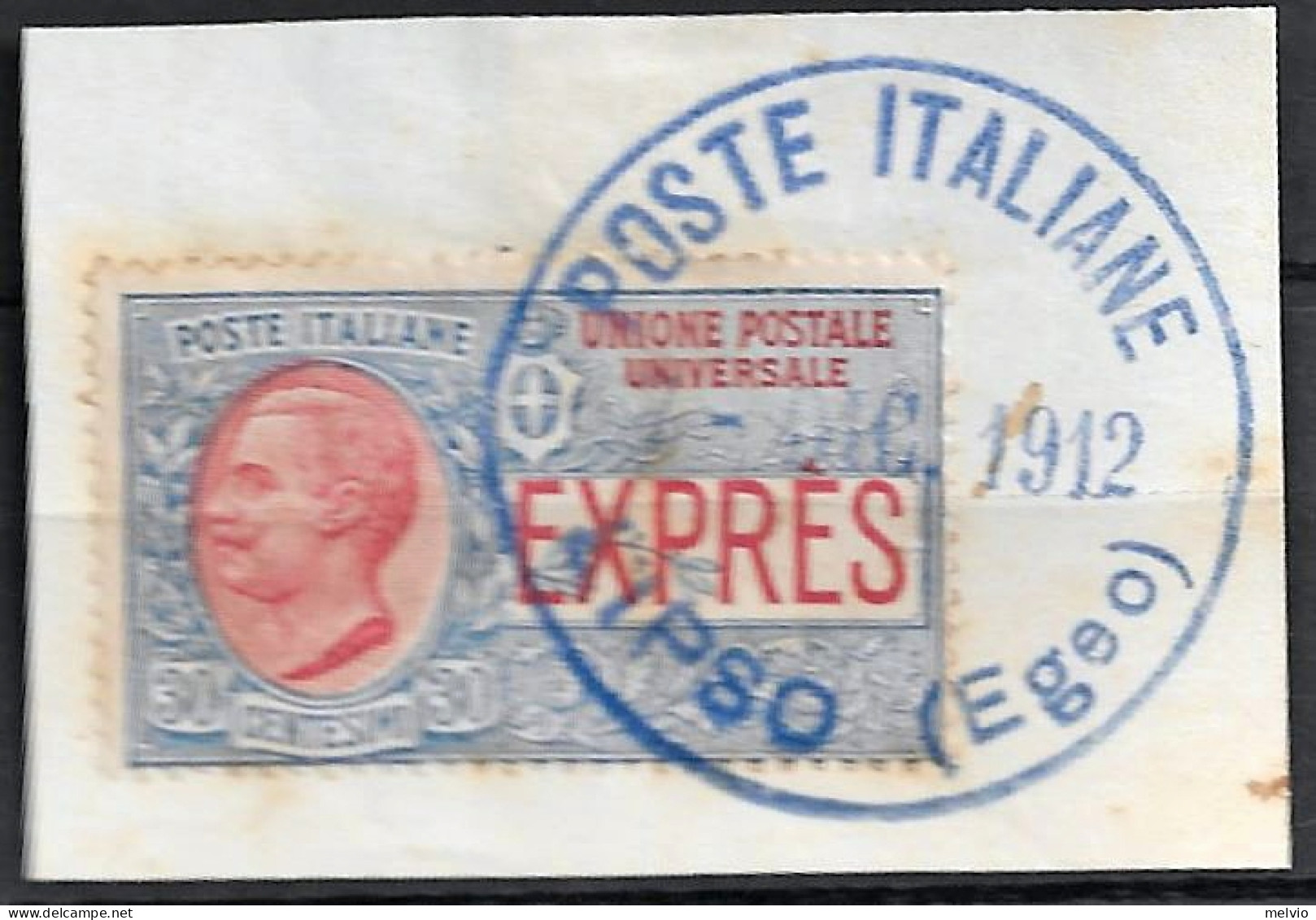 1912 POSTE ITALIANE/LIPSO (EGEO) Timbro Gomma Blu Su Frammento, Affrancato Regno - Egée (Lipso)