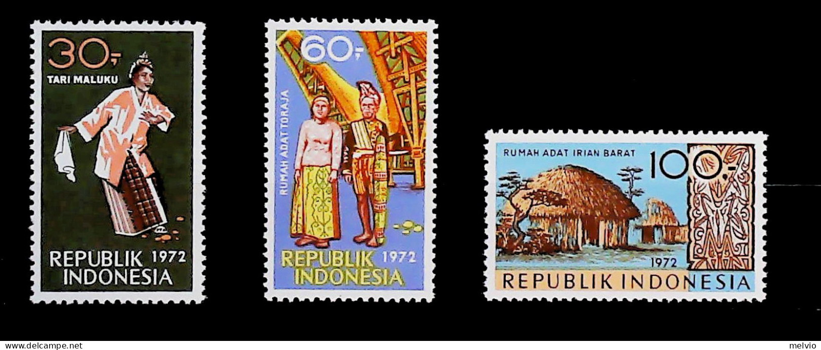 1972-Indonesia (MNH=**) Serie 3 Valori Folklore Capanna - Indonesien