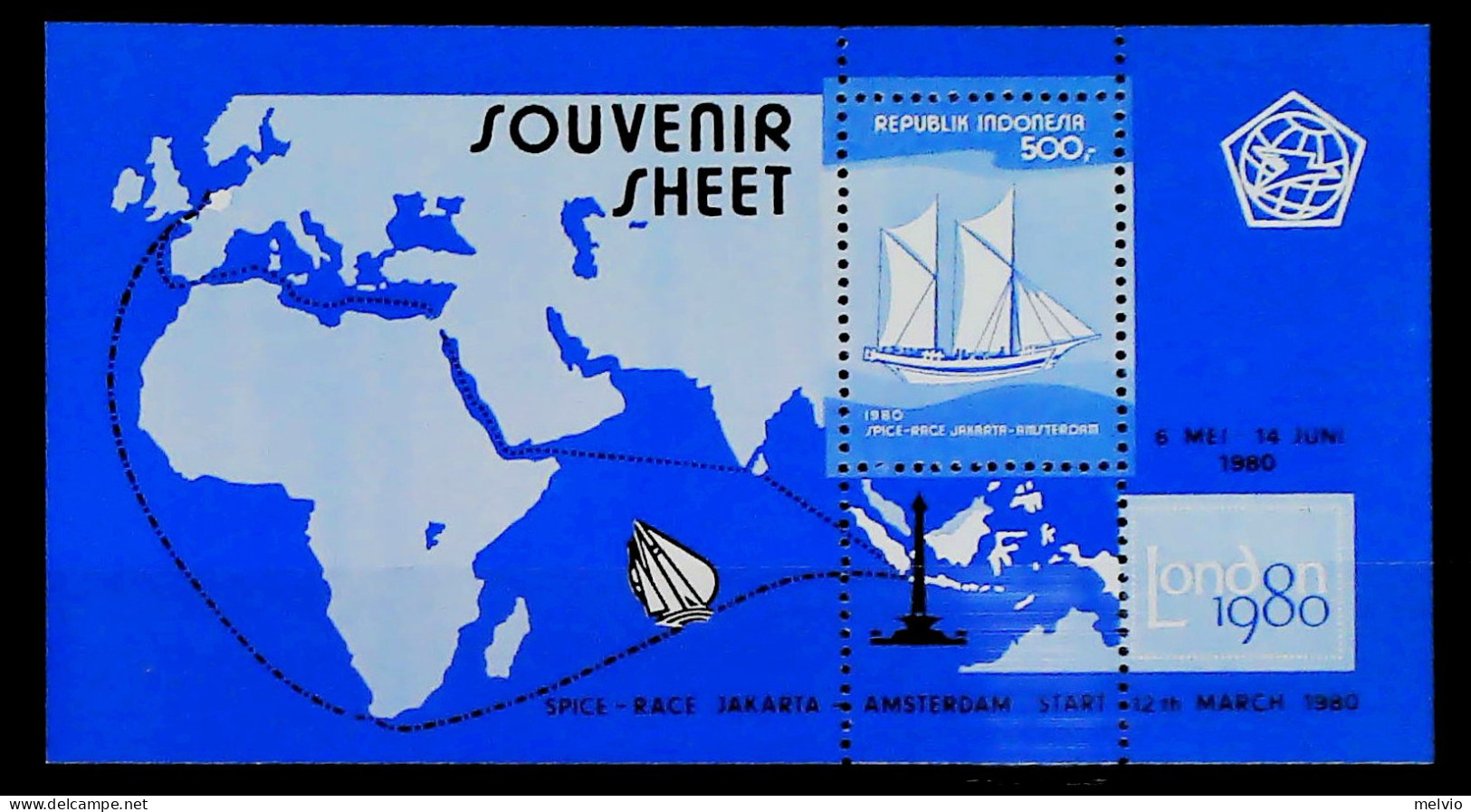 1980-Indonesia (MNH=**) Foglietto Serie1 Valore Imbarcazione A Vela - Indonésie