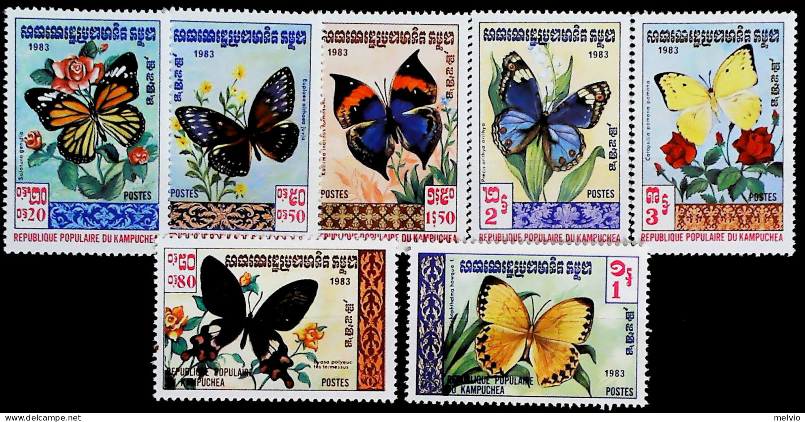 1983-Cambogia (MNH=**) Serie 7 Valori Farfalle - Cambodja