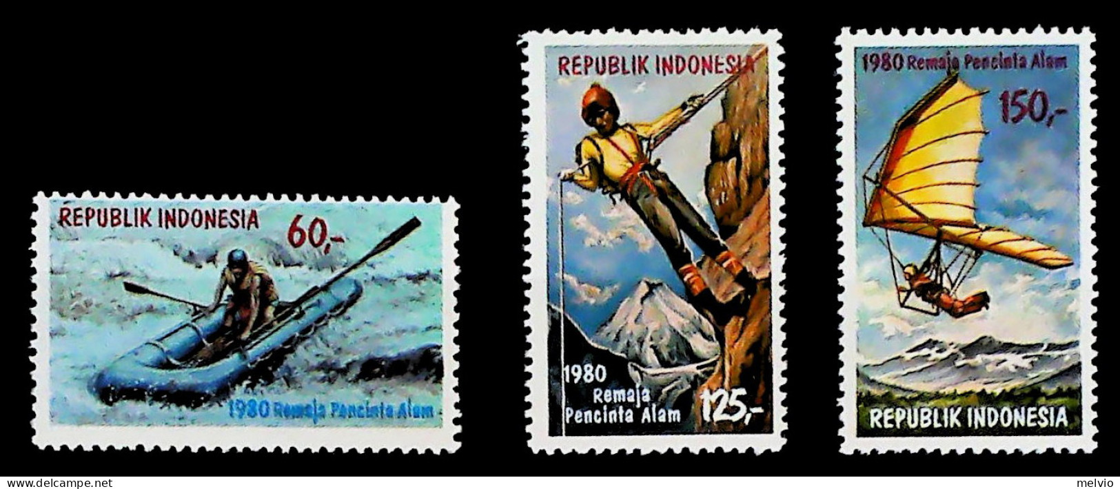 1980-Indonesia (MNH=**) Serie 3 Valori Rafting Deltaplano Alpinismo - Indonesia