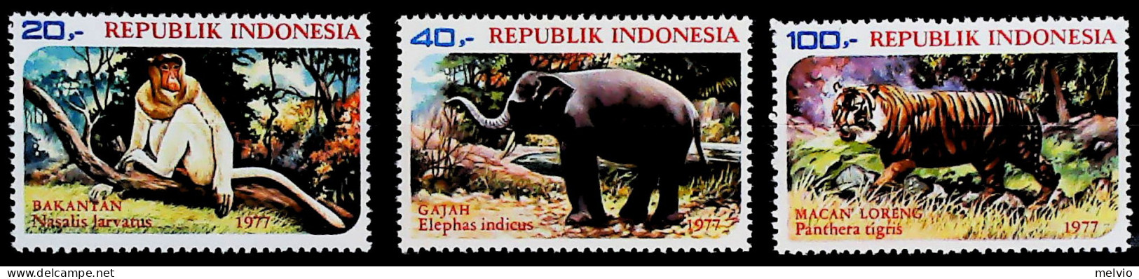 1977-Indonesia (MNH=**) Serie 3 Valori Elefante Tigre Scimmia - Indonesien