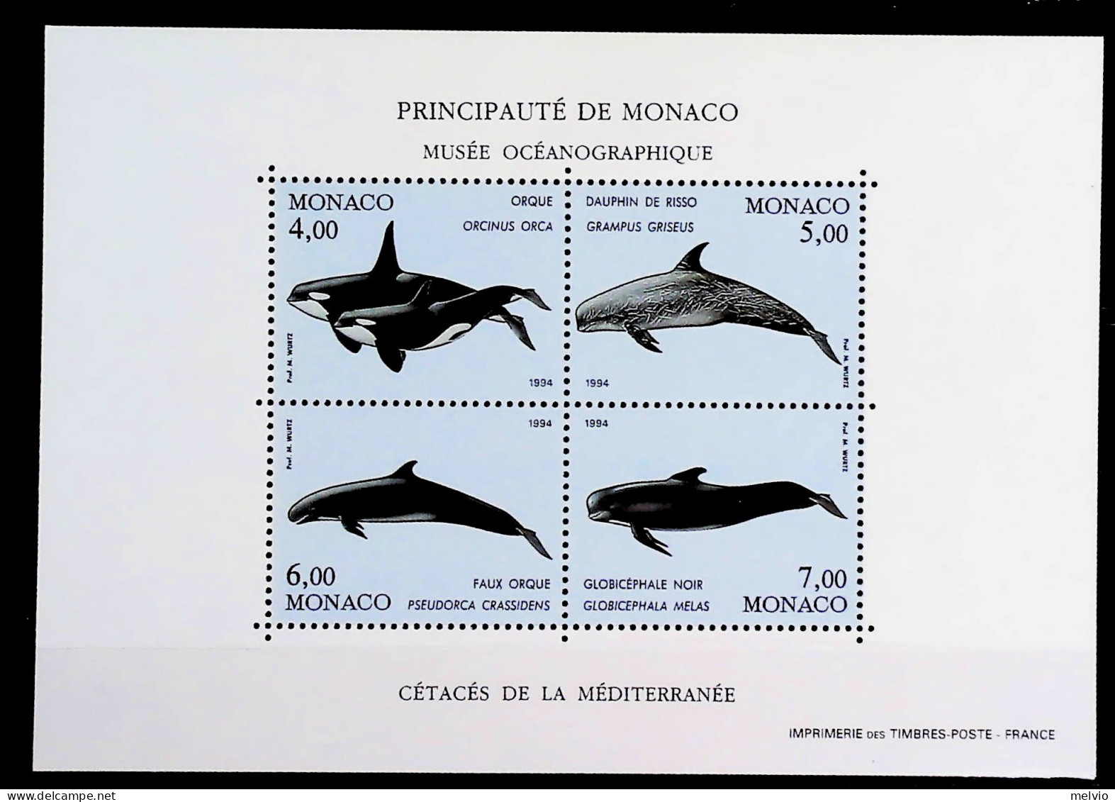 1992-Monaco (MNH=**) Foglietto 4 Valori Orche Delfini Pesci - Autres & Non Classés