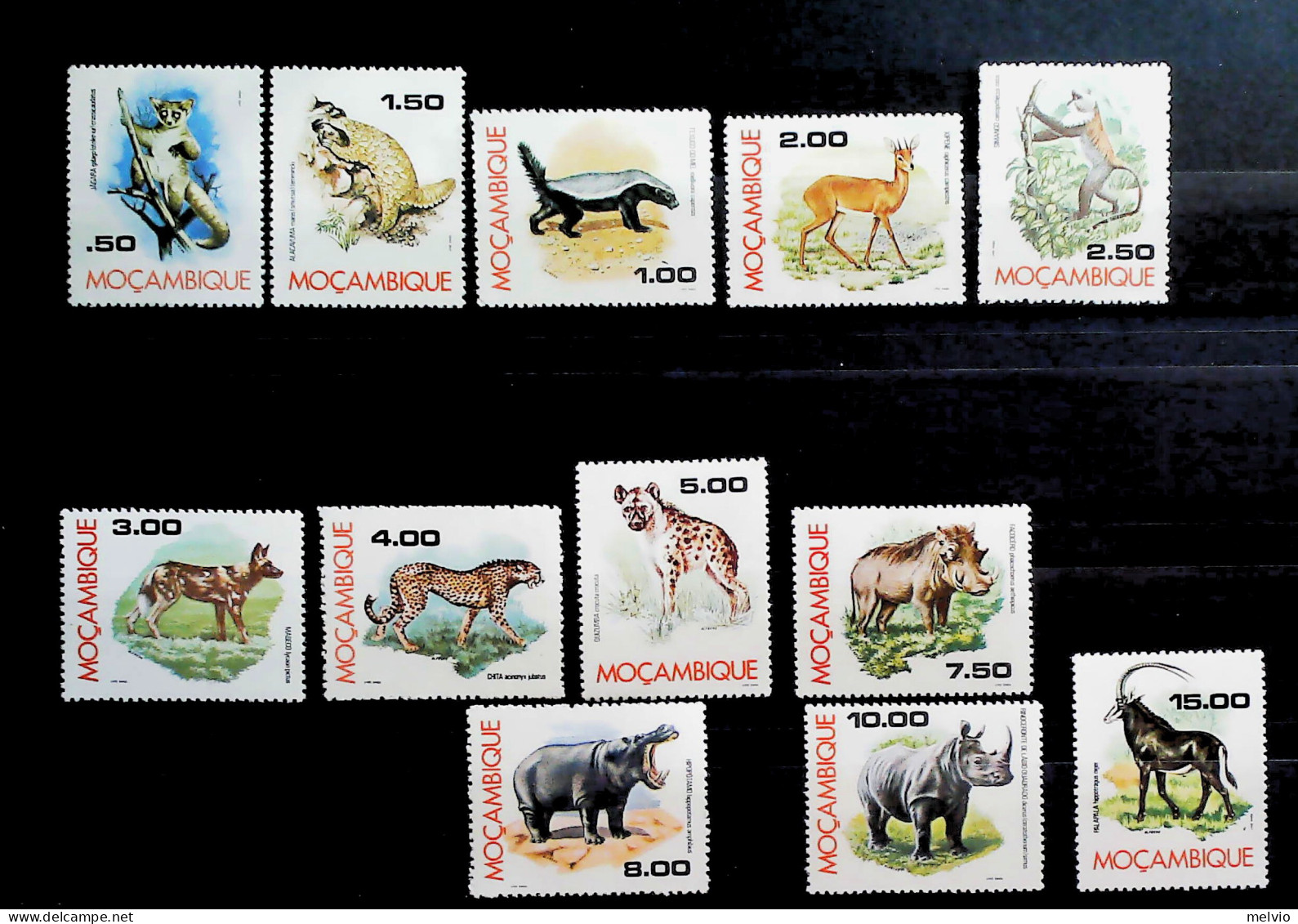 1976-Mozambico (MNH=**) Serie 12 Valori Rinoceronte Ippopotamo Fenicottero Iena  - Mozambique