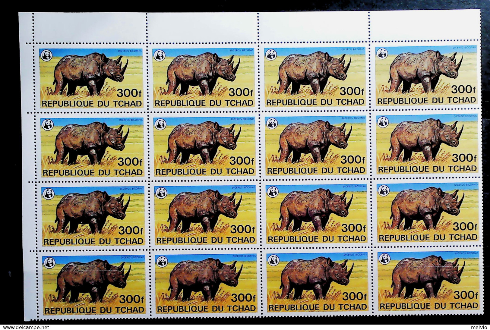 2012-Ciad (MNH=**) Blocco Di 16 Esemplari Del 300 Franchi Rinoceronte WWF - Tschad (1960-...)