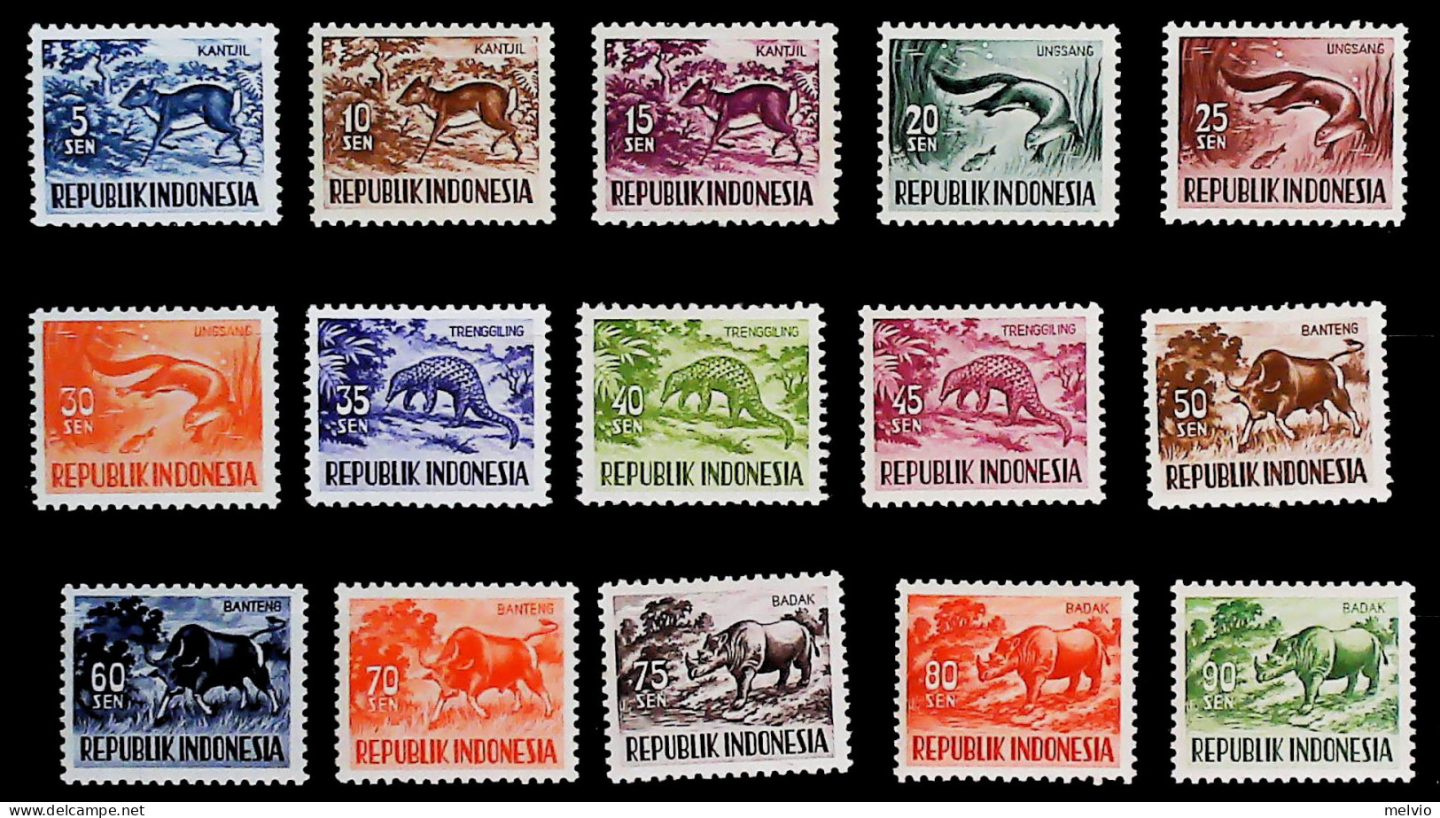 1956-Indonesia (MNH=**) Serie 15 Valori Rinoceronte Bufalo Lontra - Indonesia