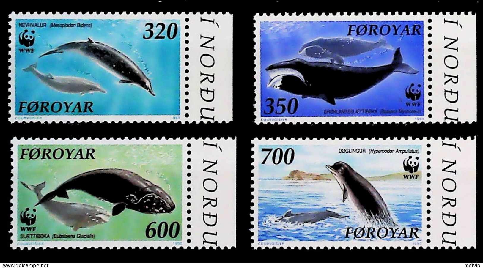 1990-Faeroer (MNH=**) Serie 4 Valori WWF Balena - Faroe Islands