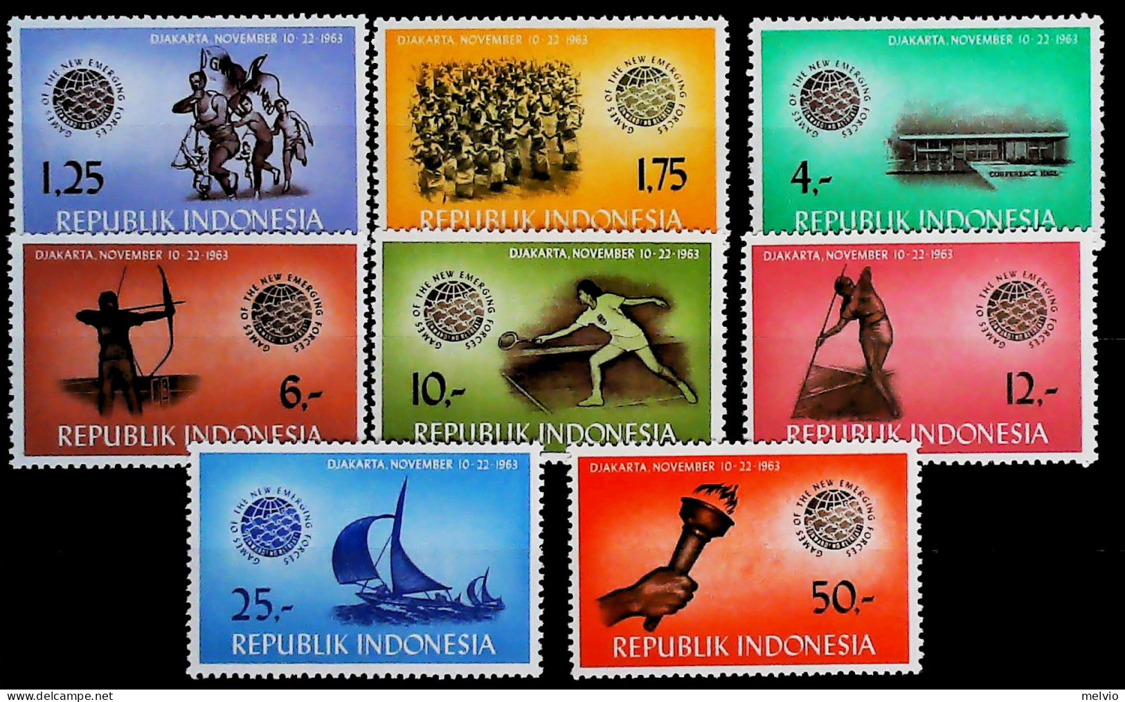 1963-Indonesia (MNH=**) Serie 8 Valori Giavellotto Tiro Con L'arco - Indonesia