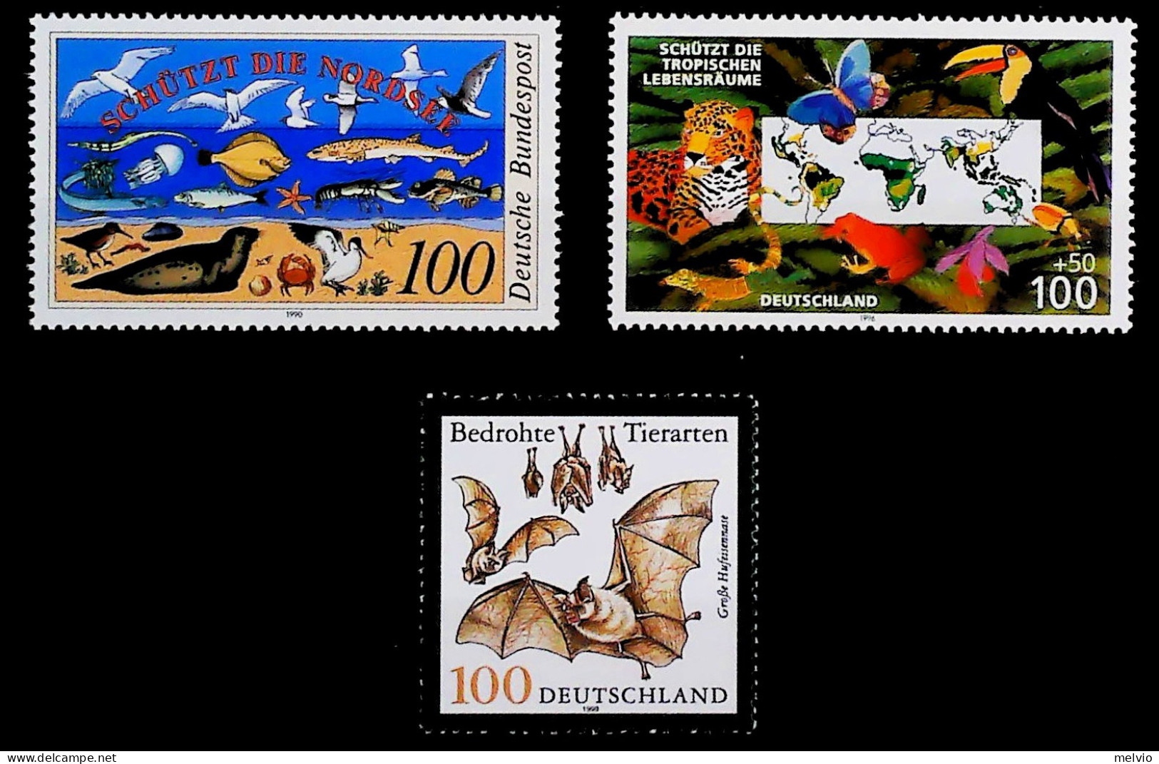 1990/9-Germania (MNH=**) 3 Valori Pipistrello Pesci Uccelli Leopardo - Autres & Non Classés