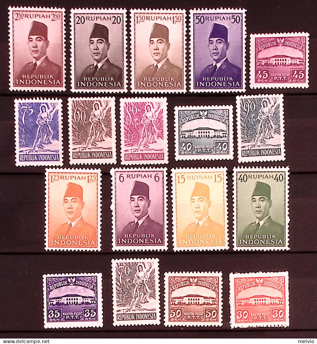 1953-Indonesia (MNH=**) Serie 18 Valori Presidente Sukarno - Indonesia