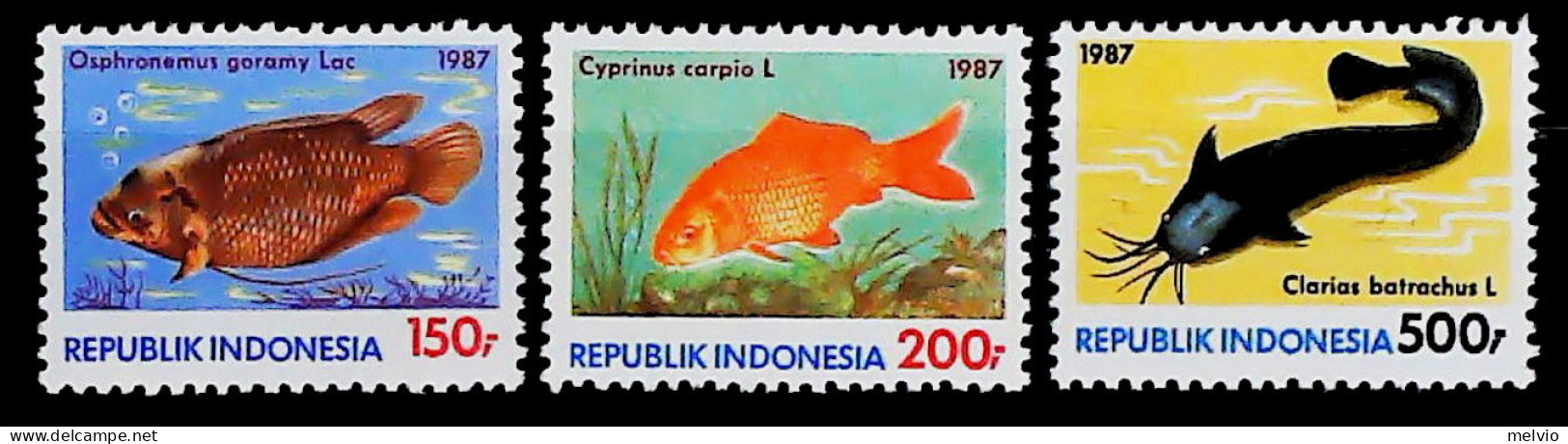 1987-Indonesia (MNH=**) Serie 3 Valori Pesci - Indonesia