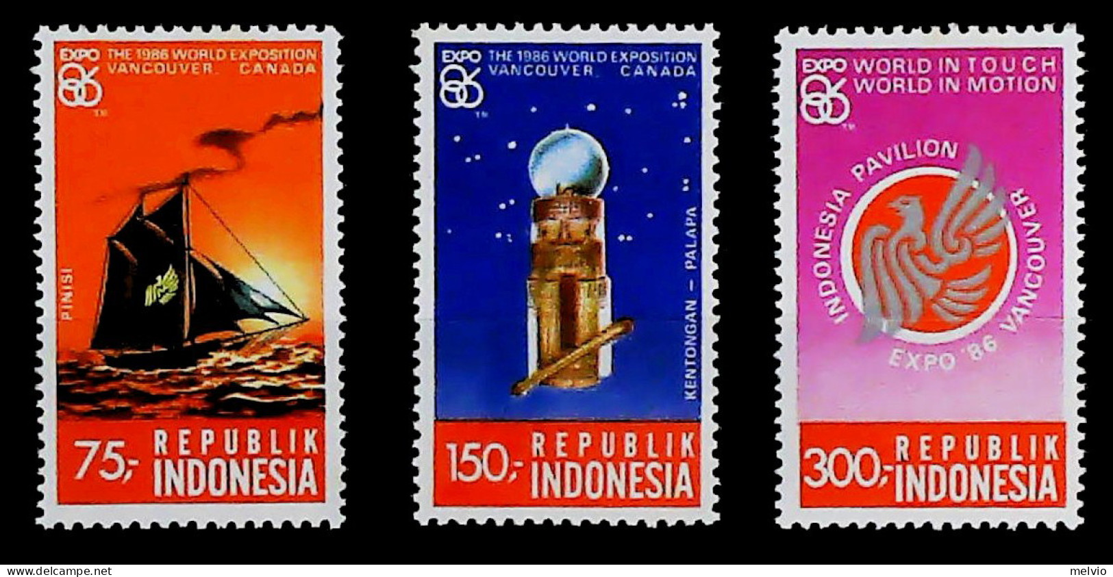 1986-Indonesia (MNH=**) Serie 3 Valori Esposizione Mondiale Veliero - Indonesien
