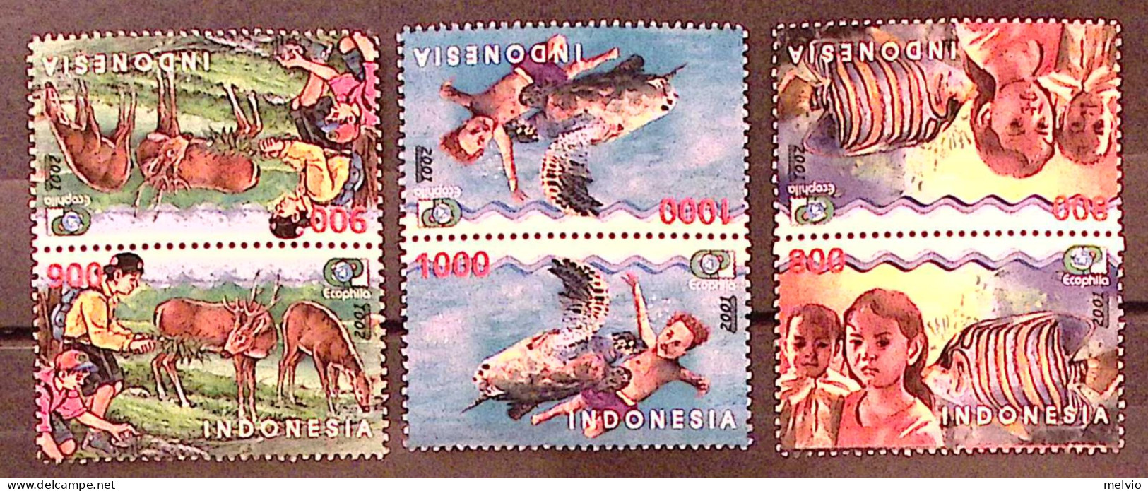 2000-Indonesia (MNH=**) Due Serie 6 Valori Tete Beche Bimbi Pesci Cervi - Indonesien