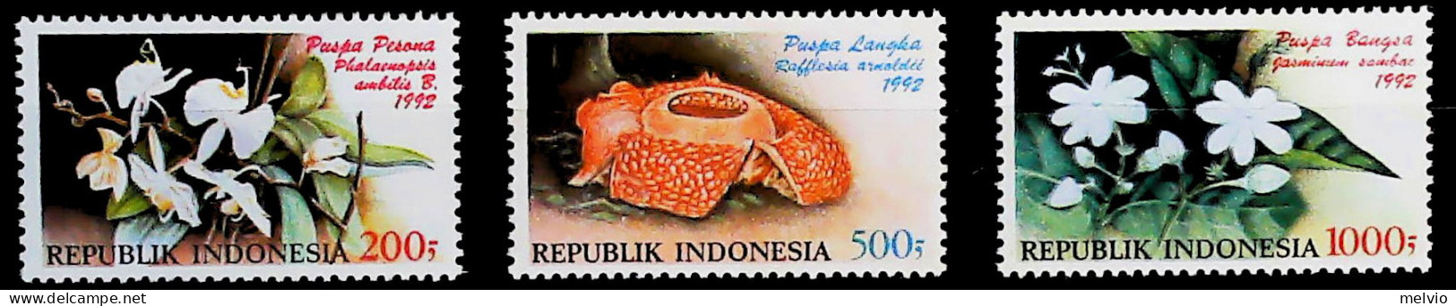 1992-Indonesia (MNH=**) Serie 3 Valori Fiori - Indonesia