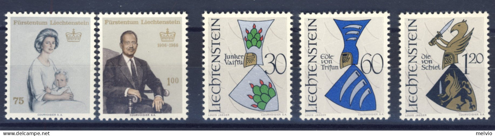 1965/6-Liechtenstein (MNH=**) 3 Serie 5 Valori Principi,stemmi Nobiliari - Neufs