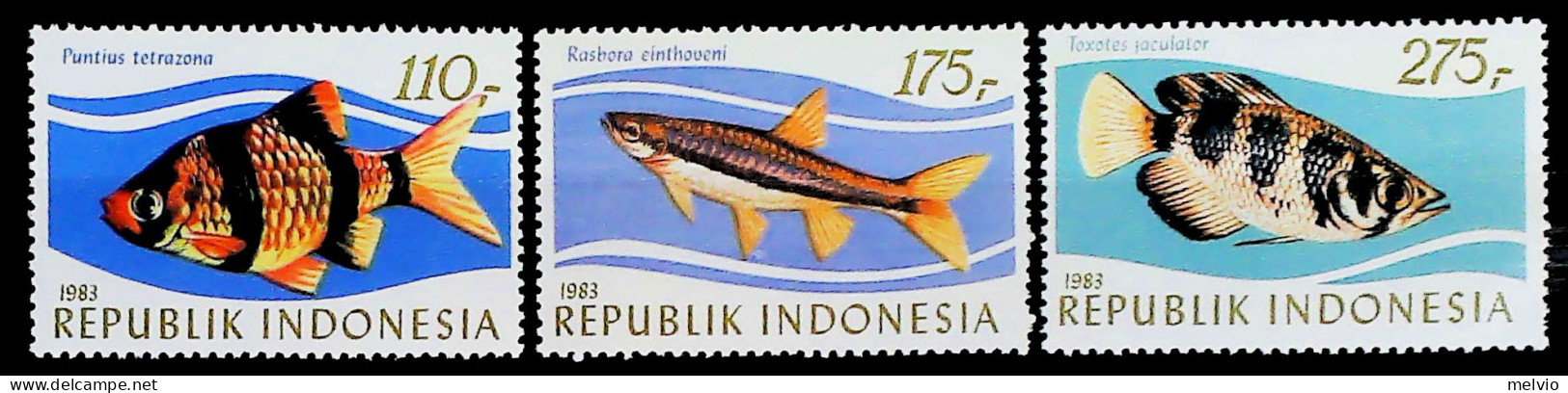 1983-Indonesia (MNH=**) Serie 3 Valori Pesci - Indonesien