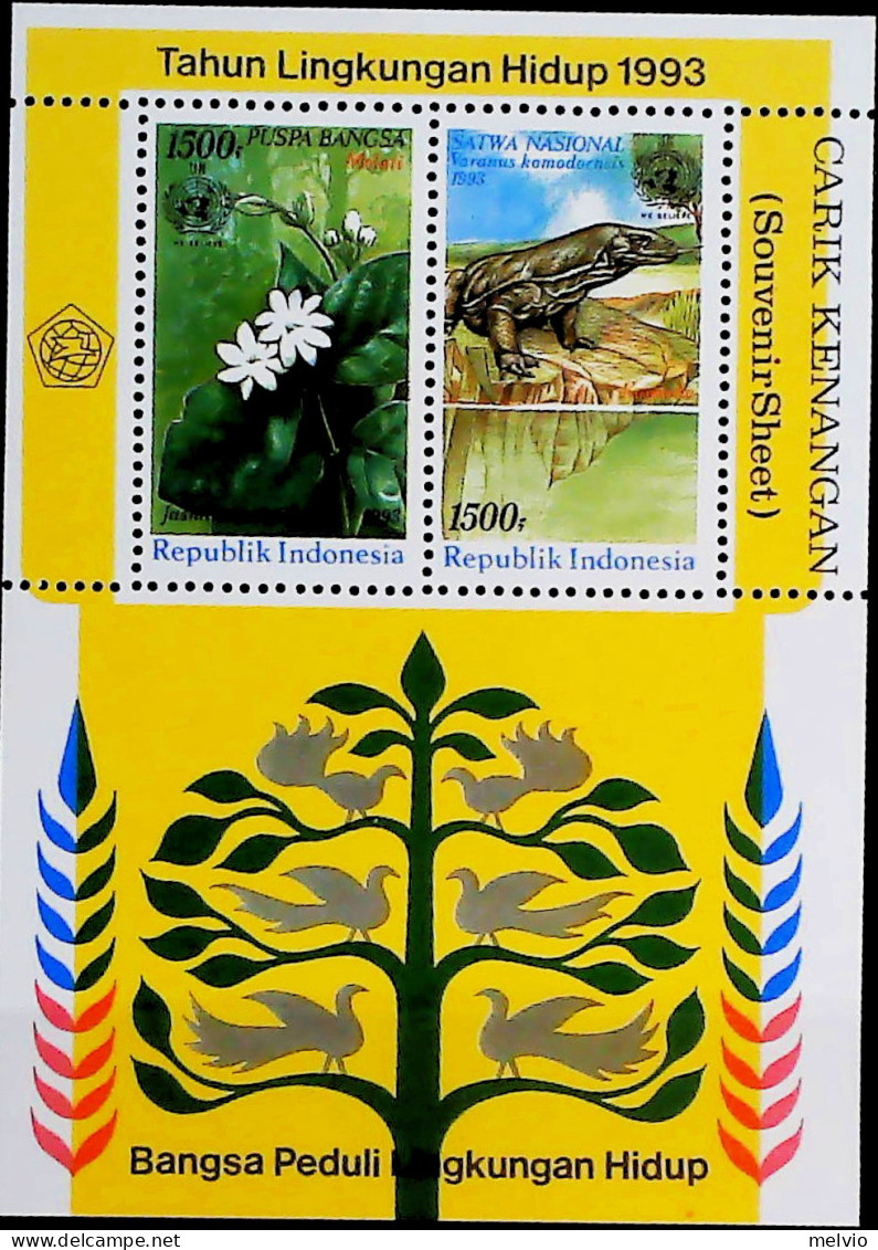 1993-Indonesia (MNH=**) Foglietto 2 Valori Flora Fauna - Indonesië