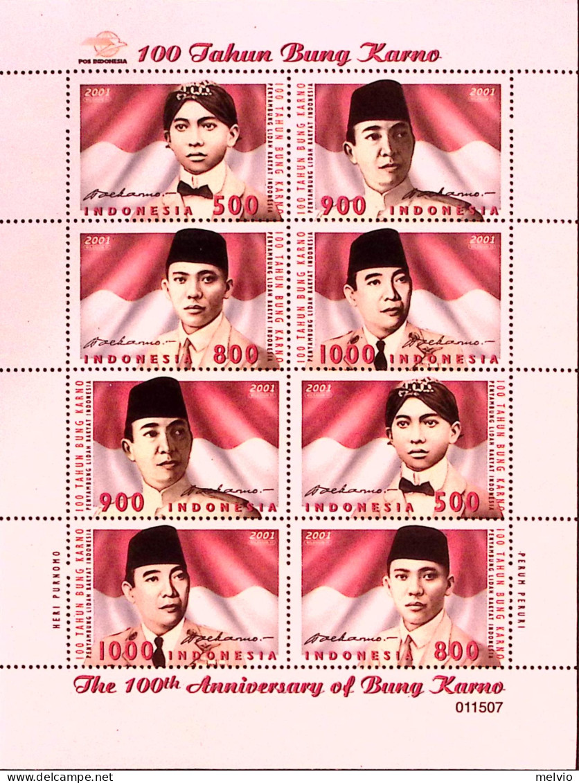 2001 Indonesia (MNH=**) Foglietto 8 Valori 100 Anniversario Bung Karno Primo - Indonésie