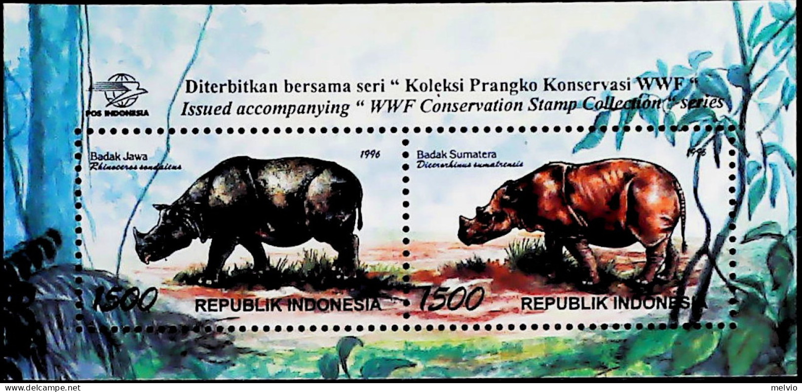1996-Indonesia (MNH=**) Foglietto 2 Valori WWF Rinoceronte - Indonesia