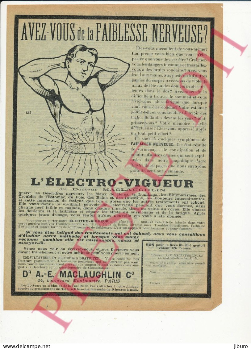 Publicité 1911 Maclaughlin Electro-vigueur (Ceinture) Thème Appareil électrique Médical - Publicités