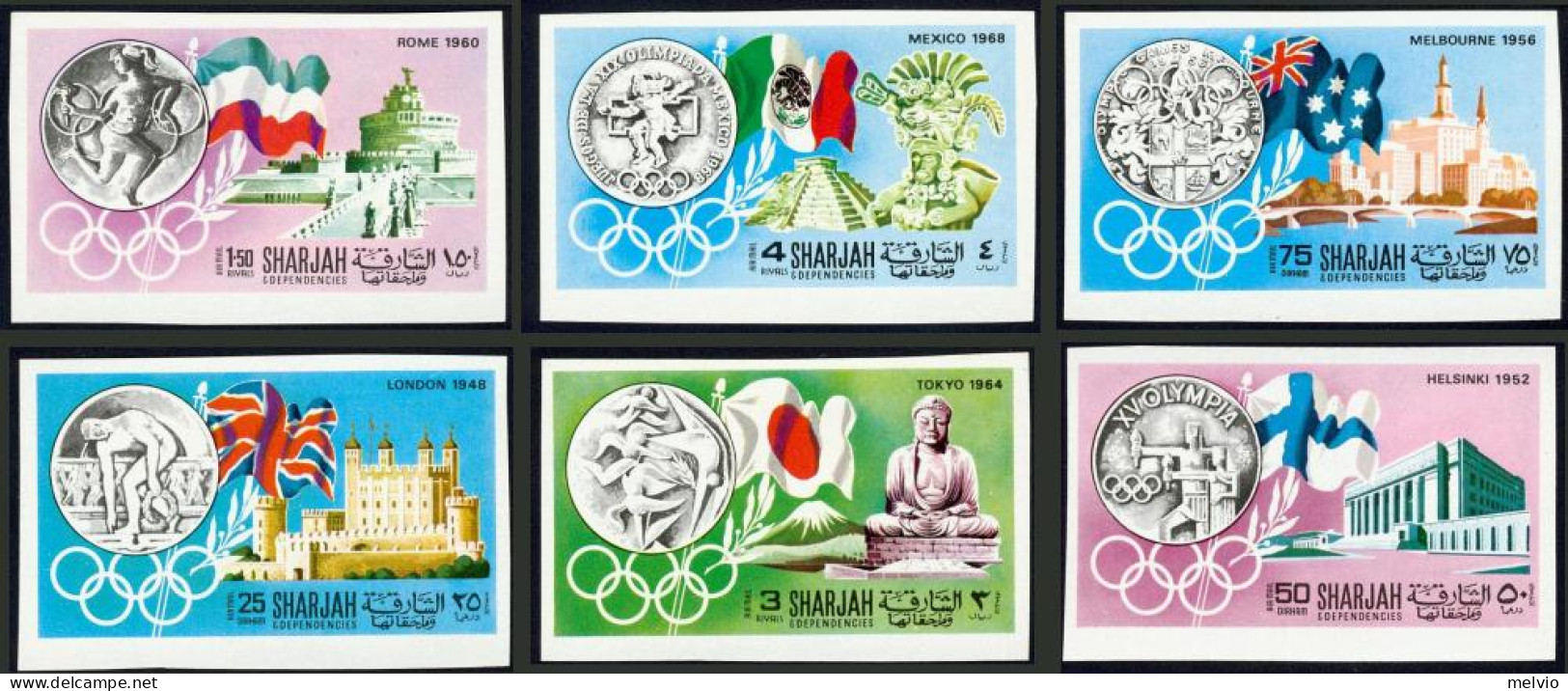 1968-Sharjah (MNH=**) S.6v.non Dentellati "Giochi Olimpici Da Londra (1948) Al M - Schardscha