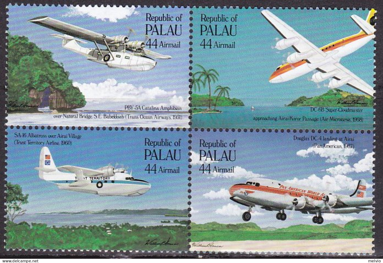 1985-Palau (MNH=**) Posta Aerea S.4v."cinquantenario Del Servizio Postale Aereo" - Palau
