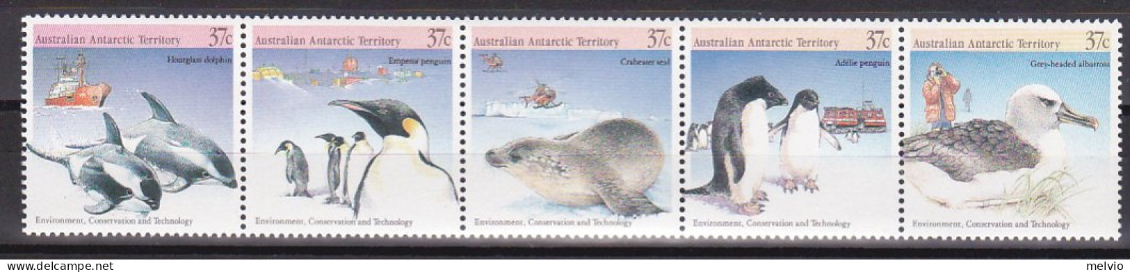 1988-Antartico Australiano (MNH=**) Striscia S.5v."animali,ambiente Conservazion - Ungebraucht