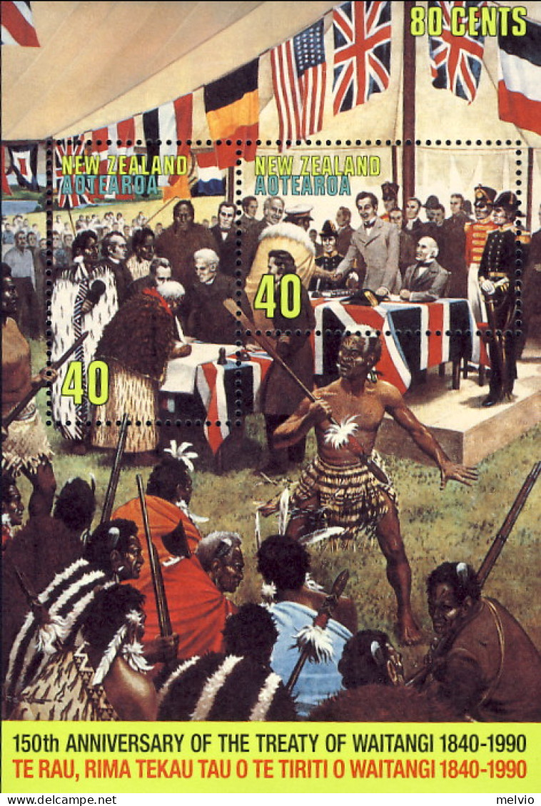 1990-Nuova Zelanda (MNH=**) Foglietto 2v."anniversario Trattato Di Waitangi" - Sonstige & Ohne Zuordnung