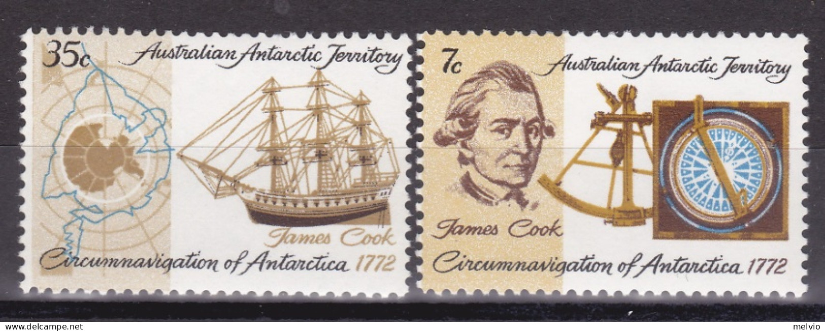 1972-Antartico Australiano (MNH=**) S.2v."Cook,sestante,mappa E Veliero" - Ungebraucht
