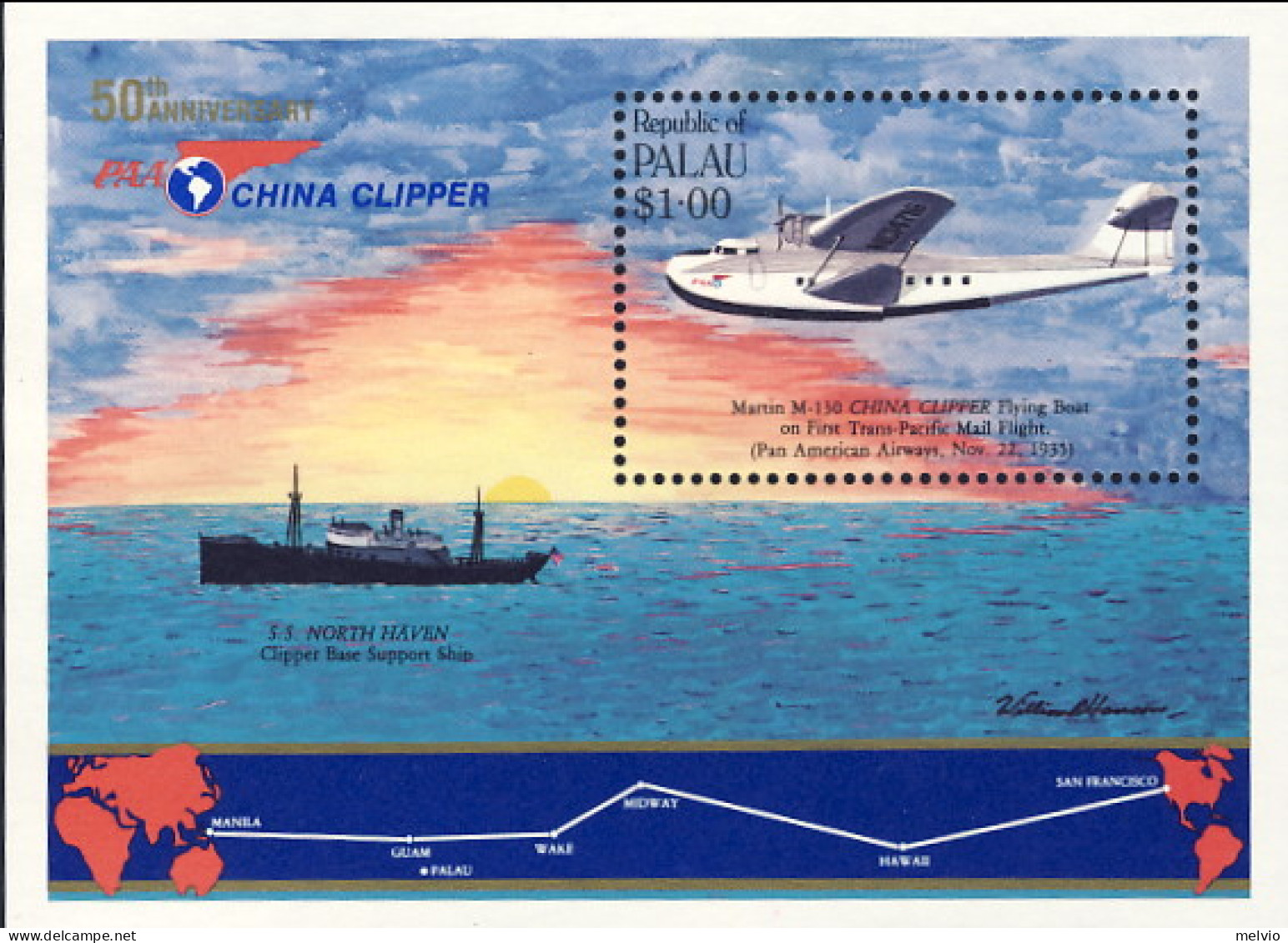 1985-Palau (MNH=**) Foglietto S.1v."cinquantenario Del Servizio Postale Aereo" - Palau