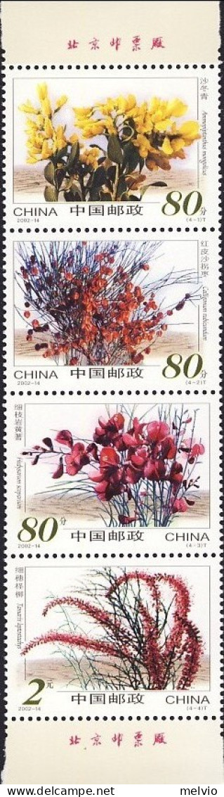 2002-Cina (MNH=**) S.4v.in Striscia "fiori Del Deserto" Con Imprint - Briefe U. Dokumente