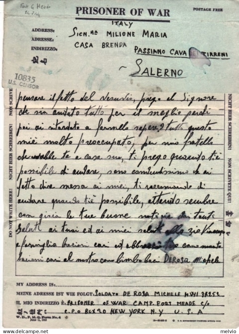 1944-WAR CAMP FORT MEADE Manoscritto Su Biglietto Franchigia Da Prigioniero Di G - Marcophilie