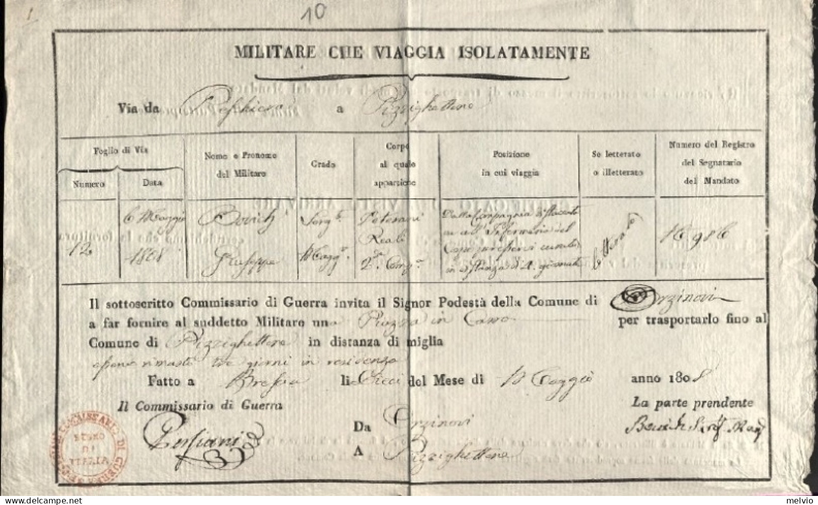 1808 Militare Che Viaggia Da Orzinuovi A Pizzighettone, Documento Rilasciato Il  - Documents Historiques
